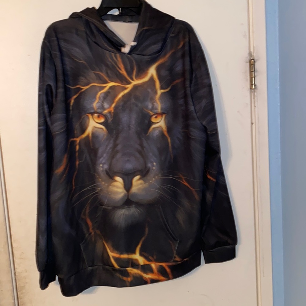 Mens Graphic Hoodie Size XXL in kids I think. Orange and black with lion picture